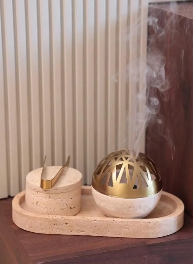 Casa Quesera  Terra Travertine Spherical Bakhoor Burner Set with Storage Box and Tong by Casa Quesera  | Best Price UAE